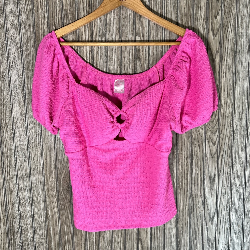 Plus Size Pink Puff Sleeve Ring Blouse Top Shirt